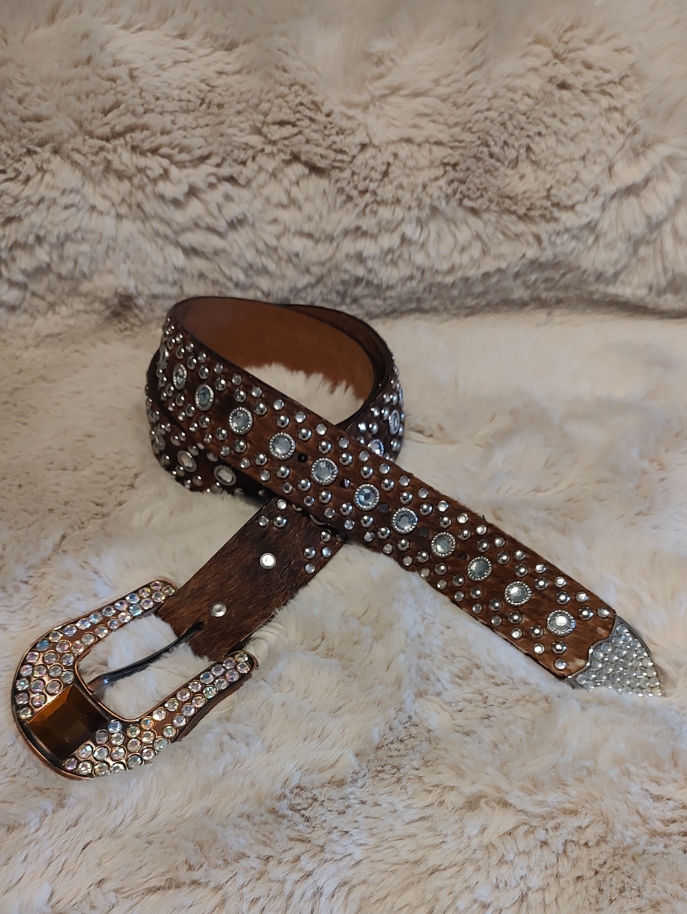 Brown Rhinestone Studded Women's Leather Belt